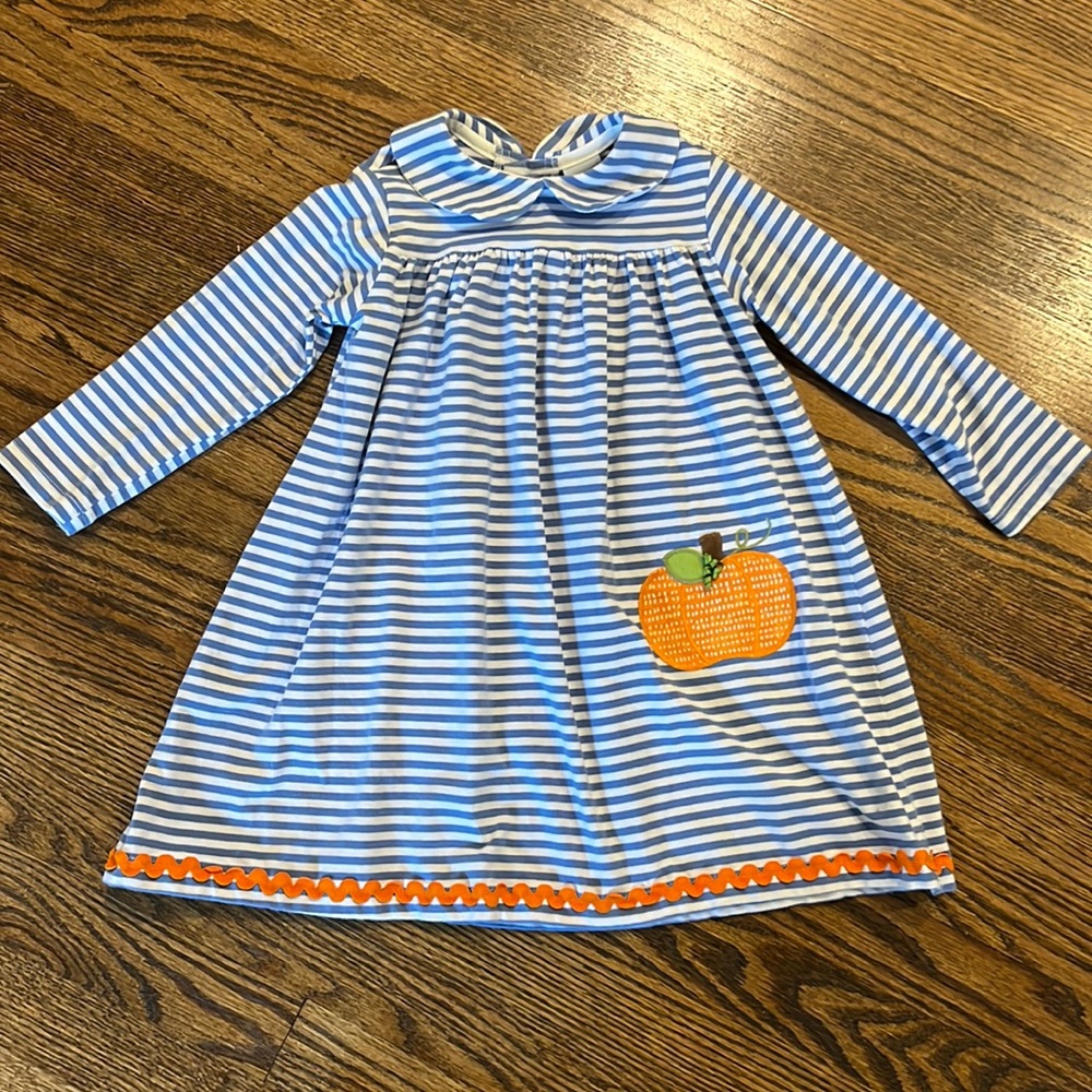 Bailey Boys Pumpkin Dress, 4T, blue and white striped with pumpkin detail